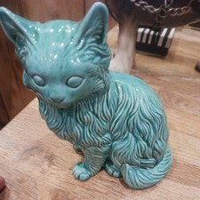 1970’s Anglia Studio Art Pottery Turquoise Cat Vintage Mid Century Figurine