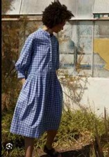 Toast Seed Check Cotton Shirt Dress Size 12 Blue Midi Sleeves Pockets