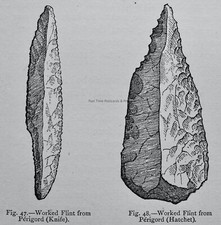Primitive Man PERIGORD STONE AGE WORKED FLINT KNIFE Original Print Figuier c1876
