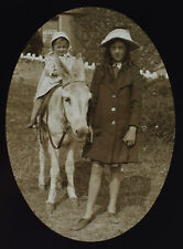Photograph EDWARDIAN GIRLS WITH A DONKEY C1910 OLD Magic Lantern Slide