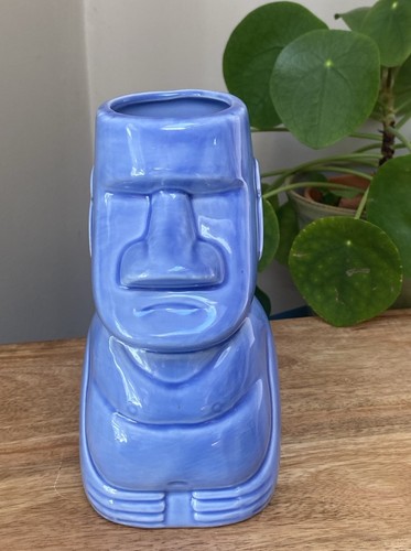 Blue ceramic moai tiki mug - blue,