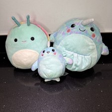 Squishmallows Bundle Of 3 Freya the Snail & narwhal with pouch and mini narwhal 
