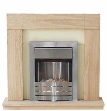 ELECTRIC FIRE OAK FIREPLACE SURROUND CREAM HEARTH BRUSHED STEEL PEBBLES BNIB