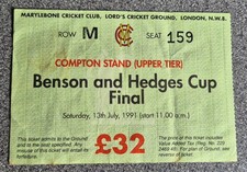 USED CRICKET TICKET ** LANCASHIRE V  WORCESTERSHIRE ** 1991 B&H FINAL AT LORDS
