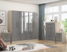 High Gloss Grey Large Wardrobe + Chest of Drawers + 2 Bed Sides