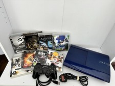 Sony PS3 Super Slim Blue 500GB Console Bundle With 8 Games. Good Used Condition
