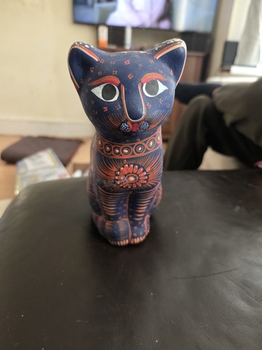 Vintage cat blue painted clay - painted,