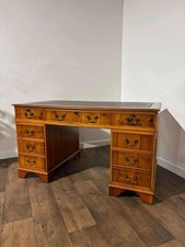 Yew Wood Kneehole Pedestal Desk with Tooled Leather Top