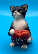 Small Black & White Resin Kitten Cat Figurine holding an I LOVE YOU heart