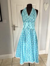 50s Light Blue Spotty Halter Neck Dress Size Small - Ex Hire Fancy Dress Costume