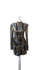 Gold Silver and Blacker Sequin Long Sleeve Dress with Matching Belt Bag Size 10