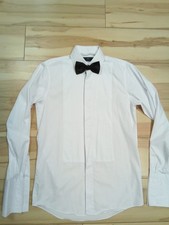 MEN'S M&S SMART EVENING TUX SHIRT 14.5" Collar Double Cuff + Black Satin Bowtie