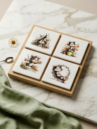 Set ceramic cat coasters - ceramic,