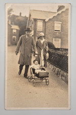 Couple Pushing Baby in Pram Real Photo Postcard RPPC c.1920s Fashion