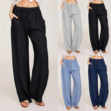 Womens Cotton Linen Wide Leg Pants Ladies Elasticated Waist Casual Trousers UK