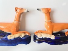 Antique Staffordshire Greyhounds & Hares, c.1850 , ceramic Mantel Dogs, rare
