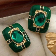 CLIP ON green ENAMEL&CRYSTAL square EARRINGS non-pierced RETRO vintage style
