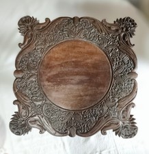 Antique Anglo Indian Ornate Carved Wood Side Table Plant Stand Foldable