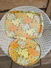 Vintage Thetford Retro Flower Power Orange Floral Melamine Tray Set x2 Camper