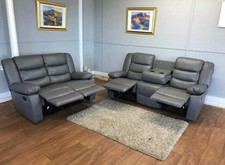 Roma | Grey | Leather Recliner Sofa 3+2 Seater With Cup Holders | SPECIAL OFFER