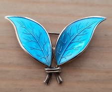 Vintage David Andersen Double Leaf Silver Gilt & Blue Enamel Brooch - Norway