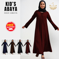 Girls Plain Abaya Kids Long Sleeve School Maxi Dress Holiday Islamic Jilbab Robe