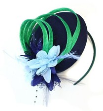 Emerald Jade Green Blue and Navy Fascinator Headband Wedding Hat Pillbox Ascot