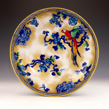 Antique Losol Ware Burslem - Large Parrot, Blue Flower & Gilt Bowl