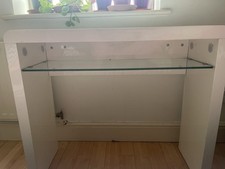 White Console Table Gloss Finish with Glass Shelf Skinny Contemporary Design