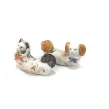 Antique Dog figures , German porcelain dog, wirefixing,Spitz, Spaniel ,