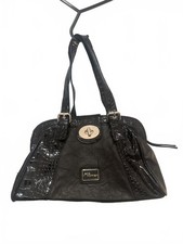 Jane Norman Black Faux Leather Women's Handbag with Croc-Effect Trim