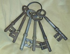 Six old iron keys - vintage large keys on ring