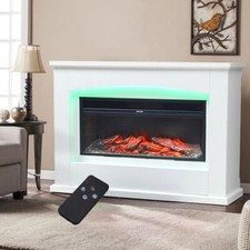 White Mantel Electric Fireplace Floor Space Heater LED Flame+Backlight w/ Remote