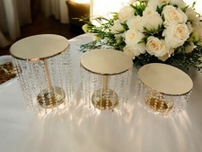 Set of 3 Gold Metal Acrylic Chandelier Cake Stand Wedding Party Centerpiece Deco