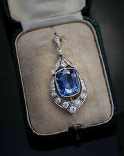 Rare 11.95 Ceylon Sapphire Diamond Vintage Art Deco 925 SIlver Pendant Necklace 