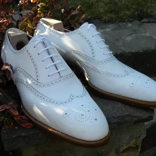 Handmade men white - white, wingtip