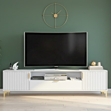 200cm TV Unit White | Fluted Doors, Gold Legs & Handles | Modern Media Cabinet
