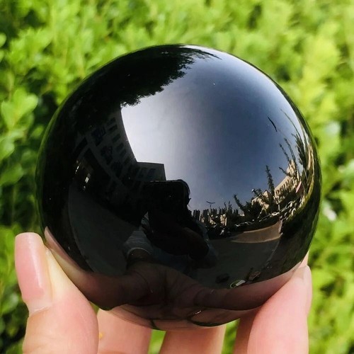 Natural black obsidian sphere - black,