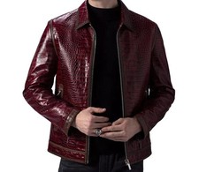 Men's Leather Jacket Burgundy Crocodile Pattern 100% Real Luxury Leather Jacket