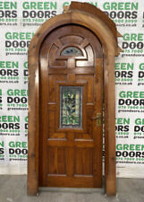 ARCHED STAINED GLASS DOOR FRONT 1930S ANTIQUE RECLAIMED WOODEN CHURCH LEADED