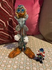Tall Unusual Murano-Style Glass Clown Muted Blue Orange + 4 Leg Tiny Glass Clown