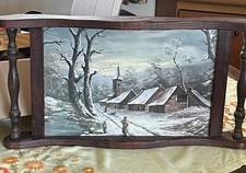 Charming Vintage Butlers Wooden Tray winter Christmas scene rare Handles Inlaid