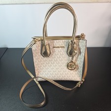 Michael Kors Mercer MD Signature Logo Messenger Satchel Shoulder Bag Pale Gold