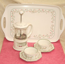 ETERNAL BEAU, CAFETIERE, PAIR RAMEKINS, 2 SIDE PLATES, LARGE TRAY WITH HANDLES