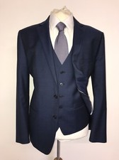 DANIEL HECHTER - Mens 3 Piece Plain BLUE WOOL SUIT - 42 Reg - W36 L31 - LOVELY