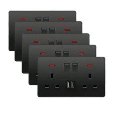 1/5PC Double Wall Plug Socket 2 Gang 13A 2 Charger USB Ports Outlets Flat Plate