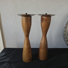 Pair Vtg Solid Teak Metal MCM Nordic Danish Wood Pillar Candle Holders SALCO 