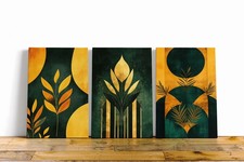 Set of 3 Emerald Green Mustard Yellow Abstract Canvas Wall Art Picture Print