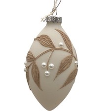Cream Glass Teardrop Bauble with Leaf and Faux Pearl Design Ornament TH