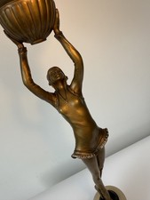 Vintage Art Deco Spelter Lamp Bronze Lady Figurine Glass Globe Shade Marble Base